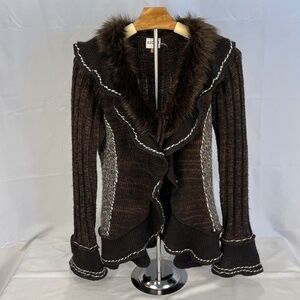 Sioni Faux Fur Trim Knit Cardigan Sweater Size L Brown Boho